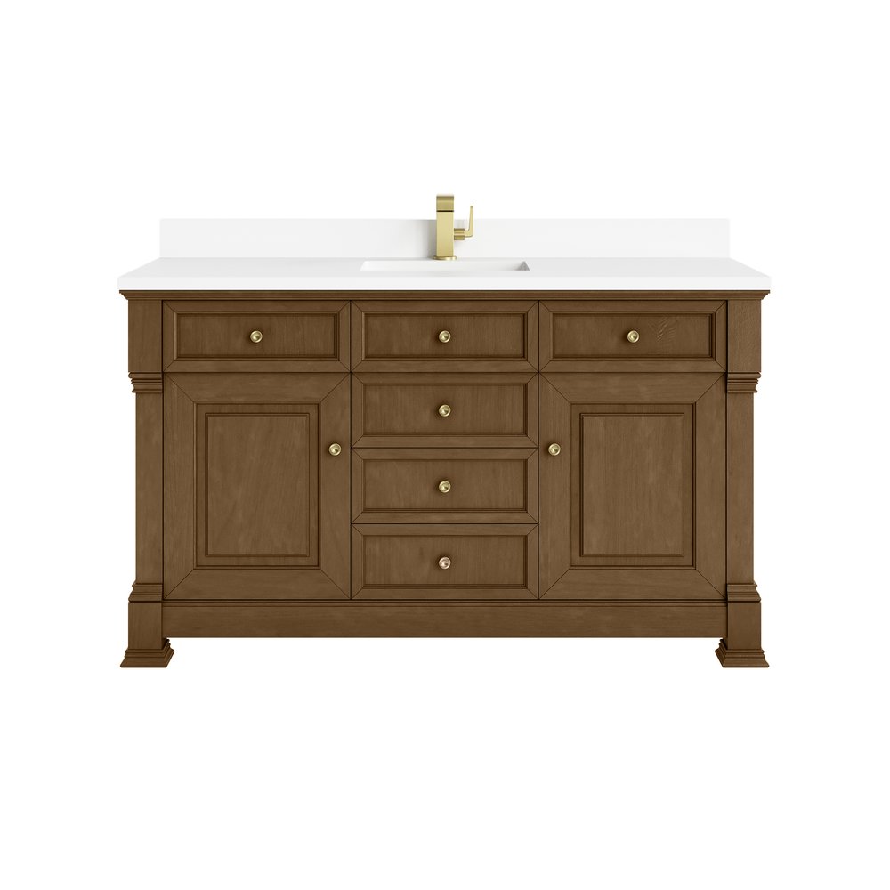 James Martin - Brookfield 60" Single Vanity, Honey Oak w/ Single Hole 3 CM White Zeus Silestone Top & Backsplash - 547-V60S-HNO-1WZ view 1