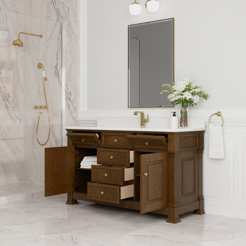 James Martin - Brookfield 60" Single Vanity, Honey Oak w/ Single Hole 3 CM White Zeus Silestone Top & Backsplash - 547-V60S-HNO-1WZ view 5