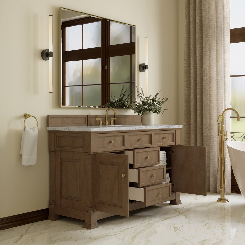James Martin - Brookfield 60" Single Vanity, Pecan w/ 3 CM Carrara White Marble Top - 547-V60S-PCN-3CAR view 5