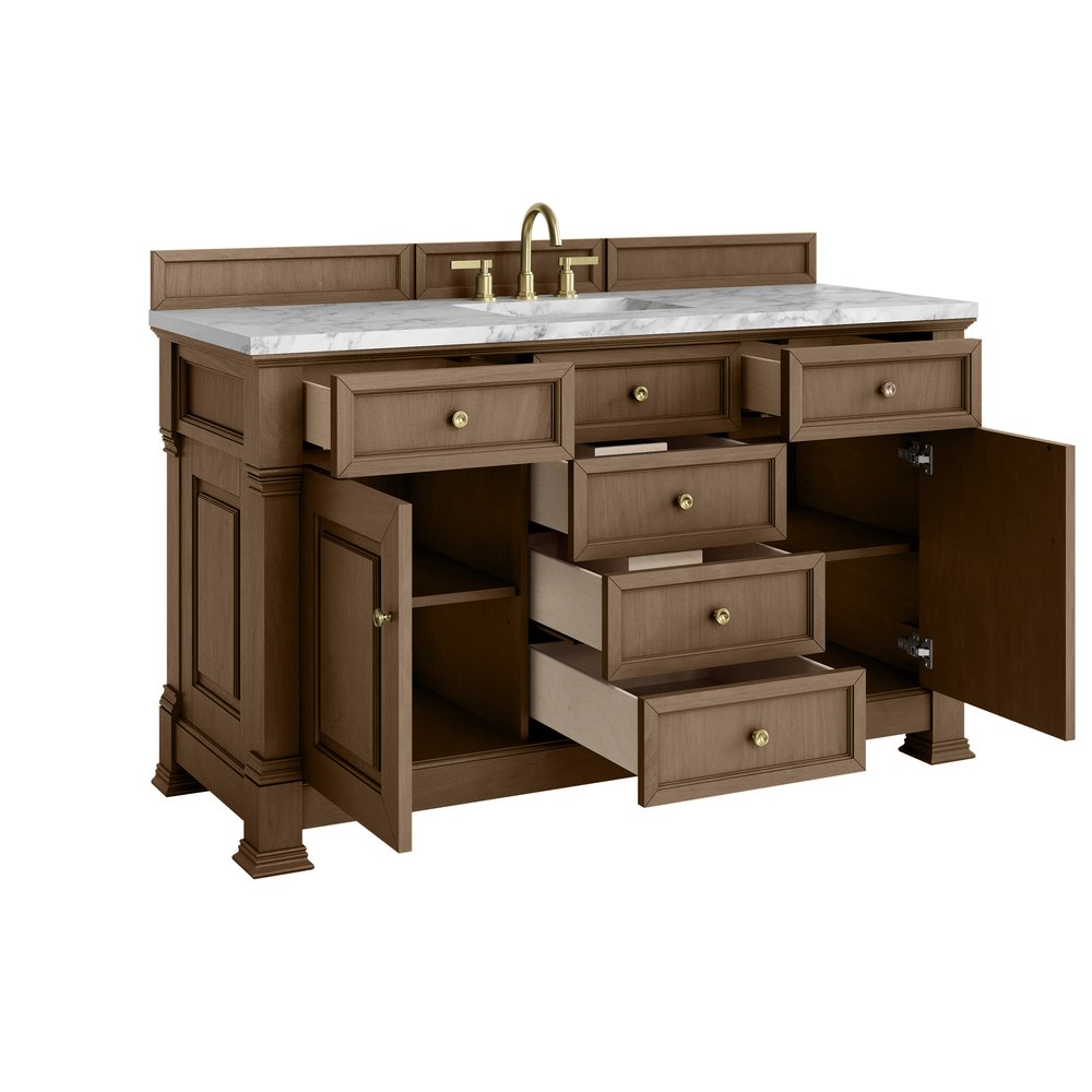 James Martin - Brookfield 60" Single Vanity, Pecan w/ 3 CM Carrara White Marble Top - 547-V60S-PCN-3CAR view 8
