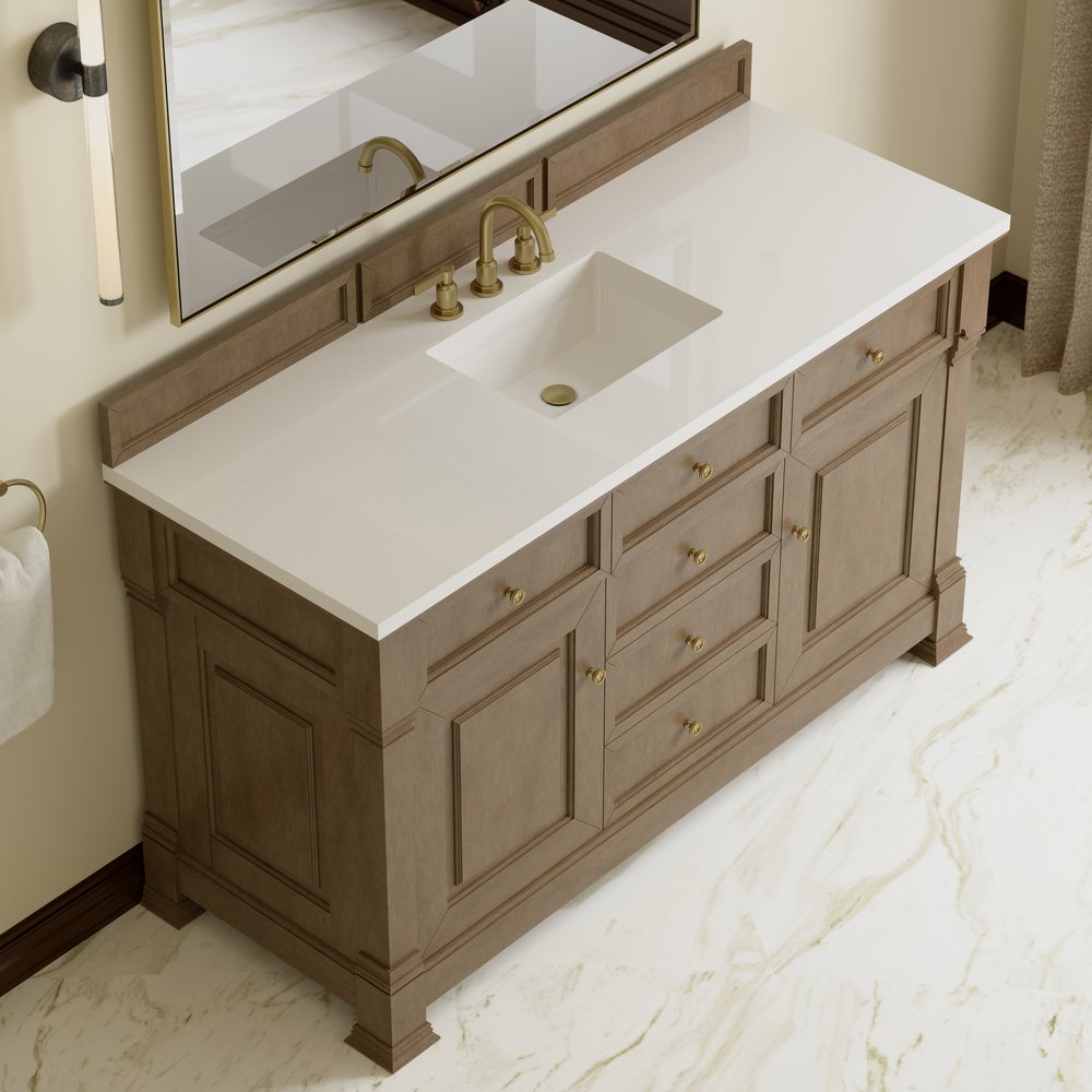 James Martin - Brookfield 60" Single Vanity, Pecan, w/ 3 CM White Zeus Silestone  Top - 547-V60S-PCN-3WZ view 7