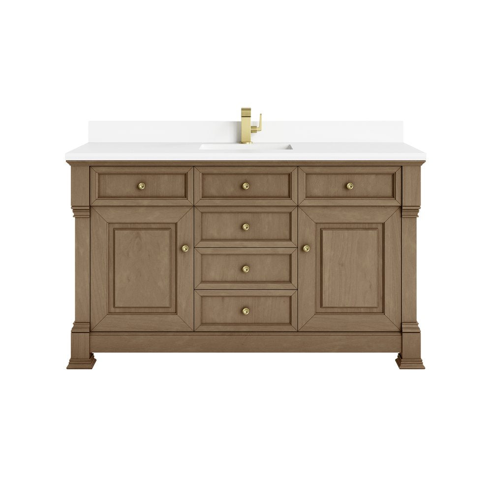 James Martin - Brookfield 60" Single Vanity, Pecan w/ Single Hole 3CM White Zeus Silestone Top & Backsplash - 547-V60S-PCN-1WZ view 1