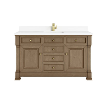James Martin - Brookfield 60" Single Vanity, Pecan w/ Single Hole 3CM White Zeus Silestone Top & Backsplash - 547-V60S-PCN-1WZ view 1