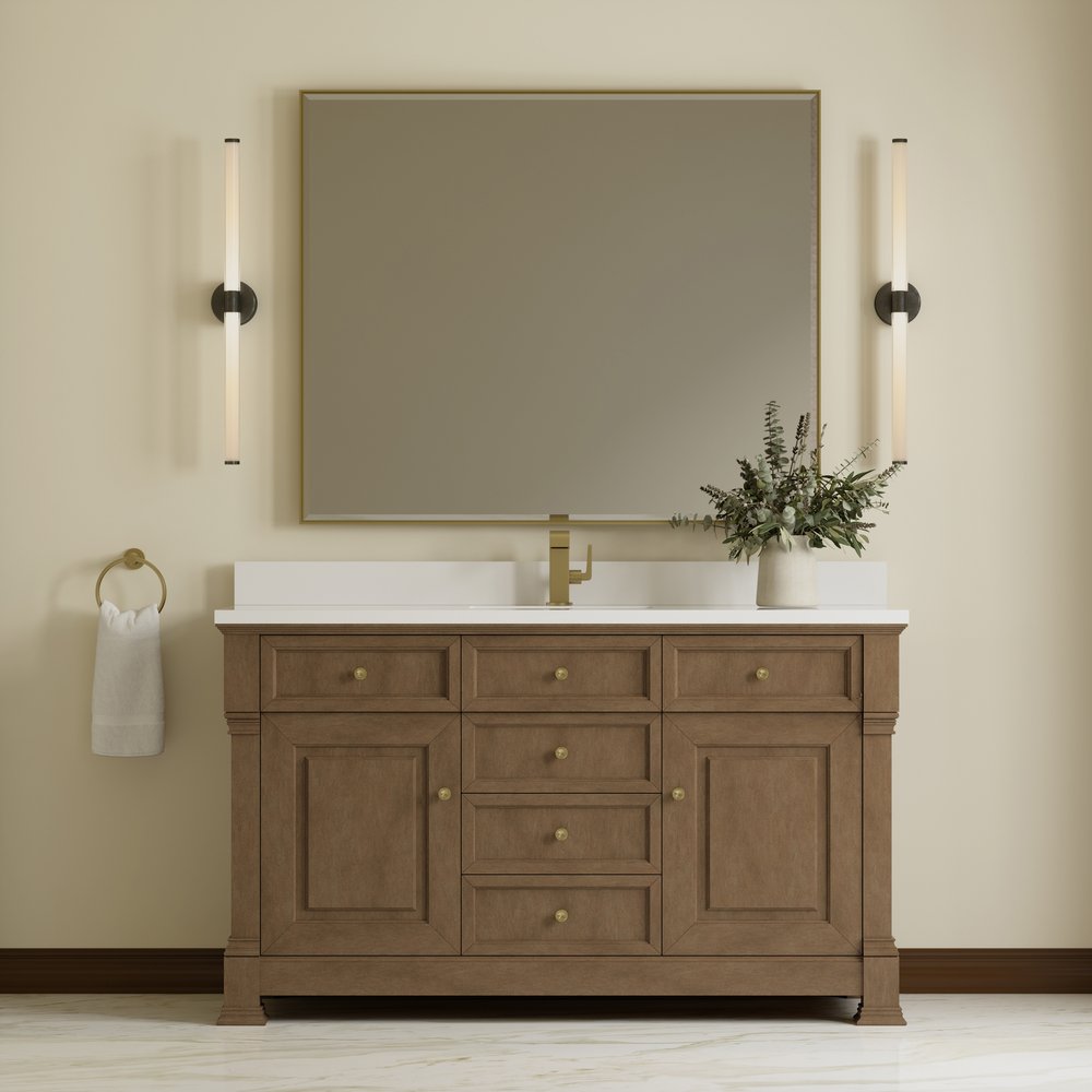 James Martin - Brookfield 60" Single Vanity, Pecan w/ Single Hole 3CM White Zeus Silestone Top & Backsplash - 547-V60S-PCN-1WZ view 3