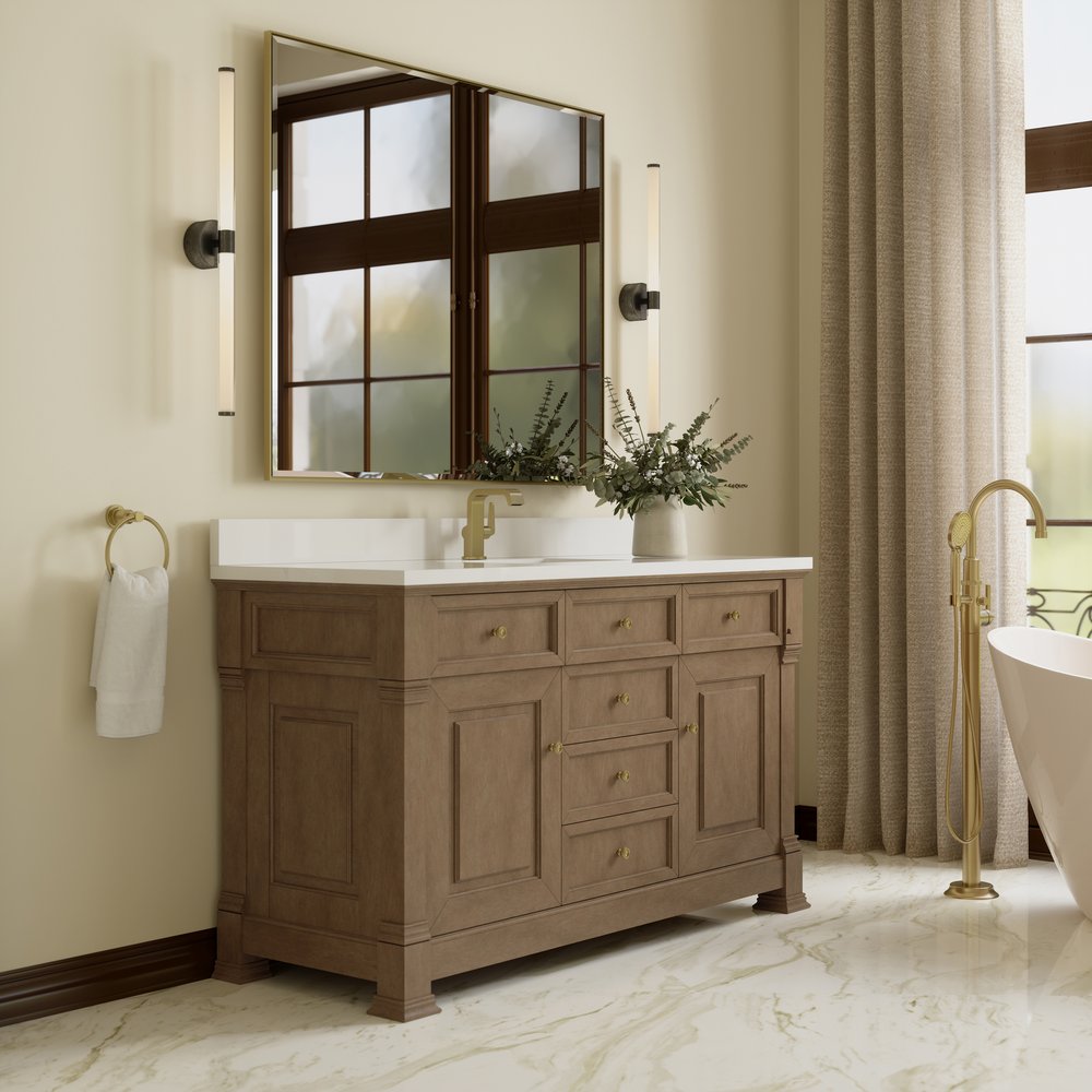 James Martin - Brookfield 60" Single Vanity, Pecan w/ Single Hole 3CM White Zeus Silestone Top & Backsplash - 547-V60S-PCN-1WZ view 4
