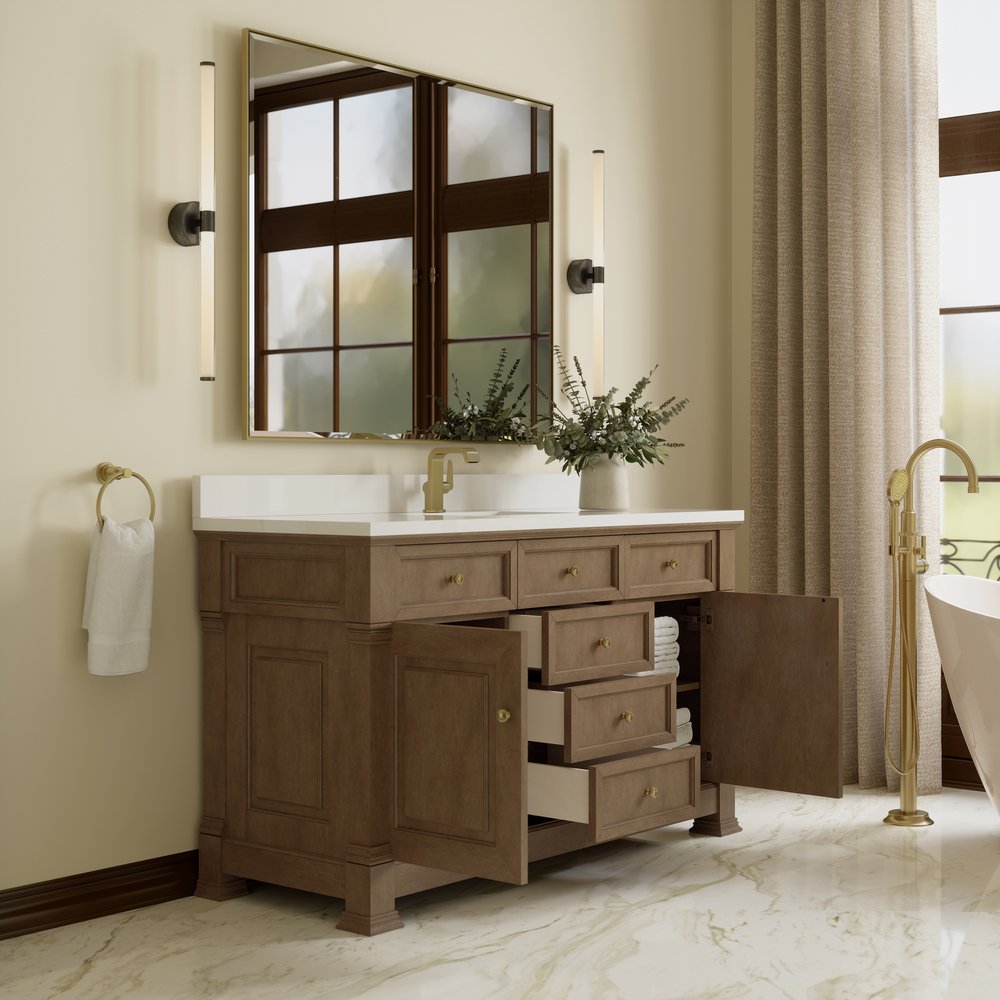 James Martin - Brookfield 60" Single Vanity, Pecan w/ Single Hole 3CM White Zeus Silestone Top & Backsplash - 547-V60S-PCN-1WZ view 5