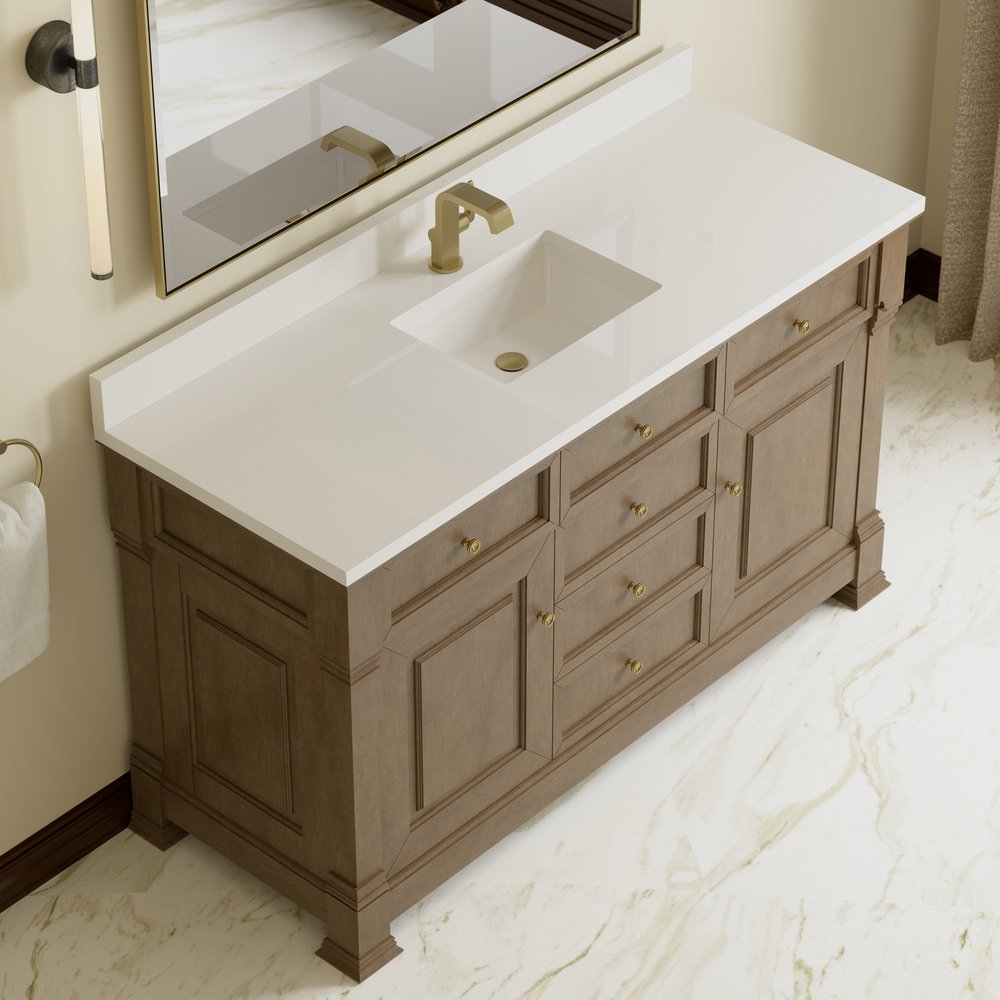James Martin - Brookfield 60" Single Vanity, Pecan w/ Single Hole 3CM White Zeus Silestone Top & Backsplash - 547-V60S-PCN-1WZ view 7