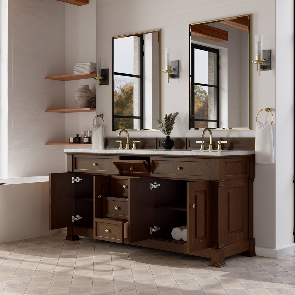 James Martin - Brookfield 72" Double Vanity, Honey Oak w/ 3 CM Eternal Jasmine Pearl Silestone Top w/ FreePower Wireless Charger - 547-V72-HNO-FEJP view 6