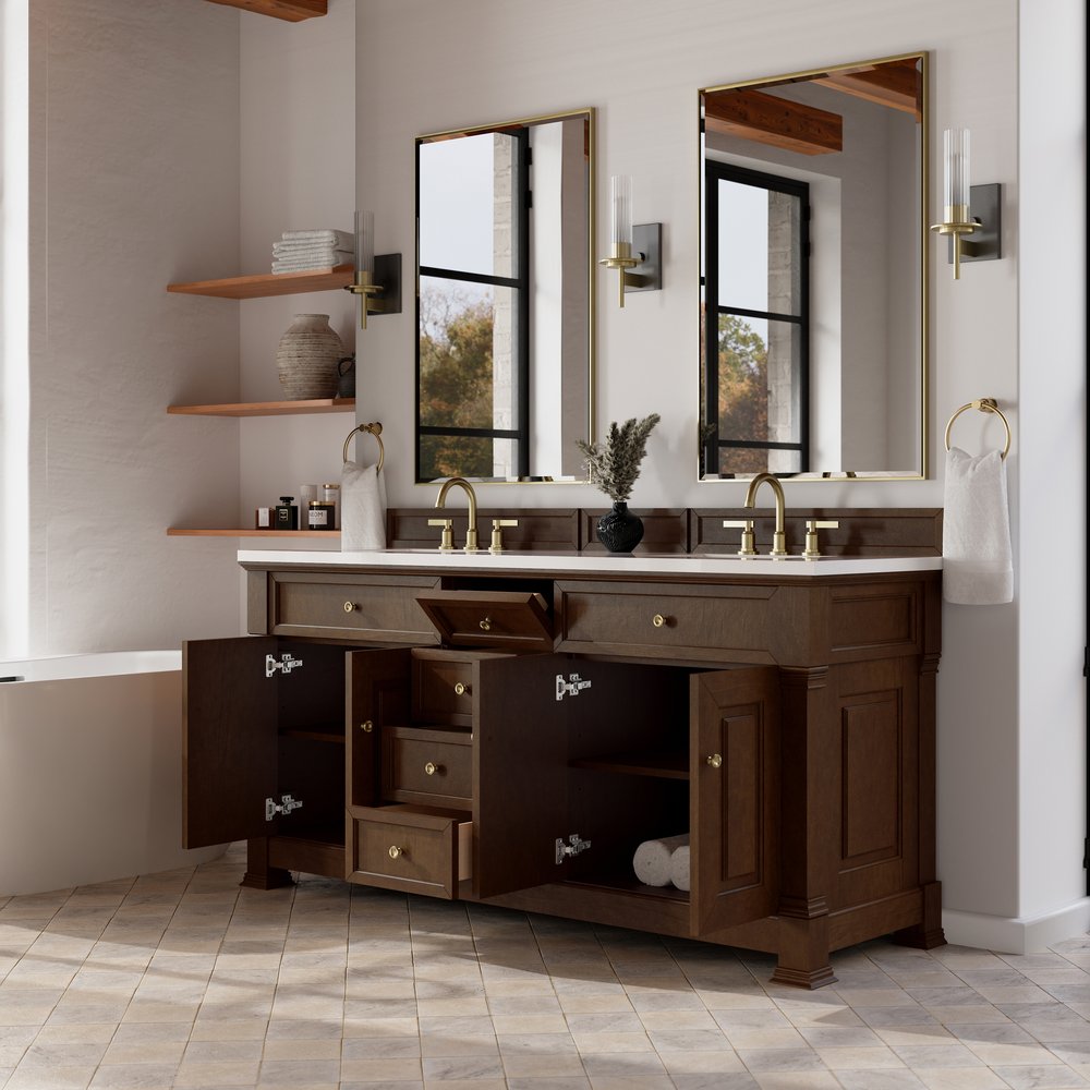 James Martin - Brookfield 72" Double Vanity, Honey Oak,  w/ 3 CM White Zeus Silestone Top - 547-V72-HNO-3WZ view 5