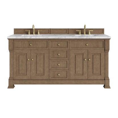 James Martin - Brookfield 72" Double Vanity, Pecan w/ 3 CM Carrara White Marble Top - 547-V72-PCN-3CAR view 1