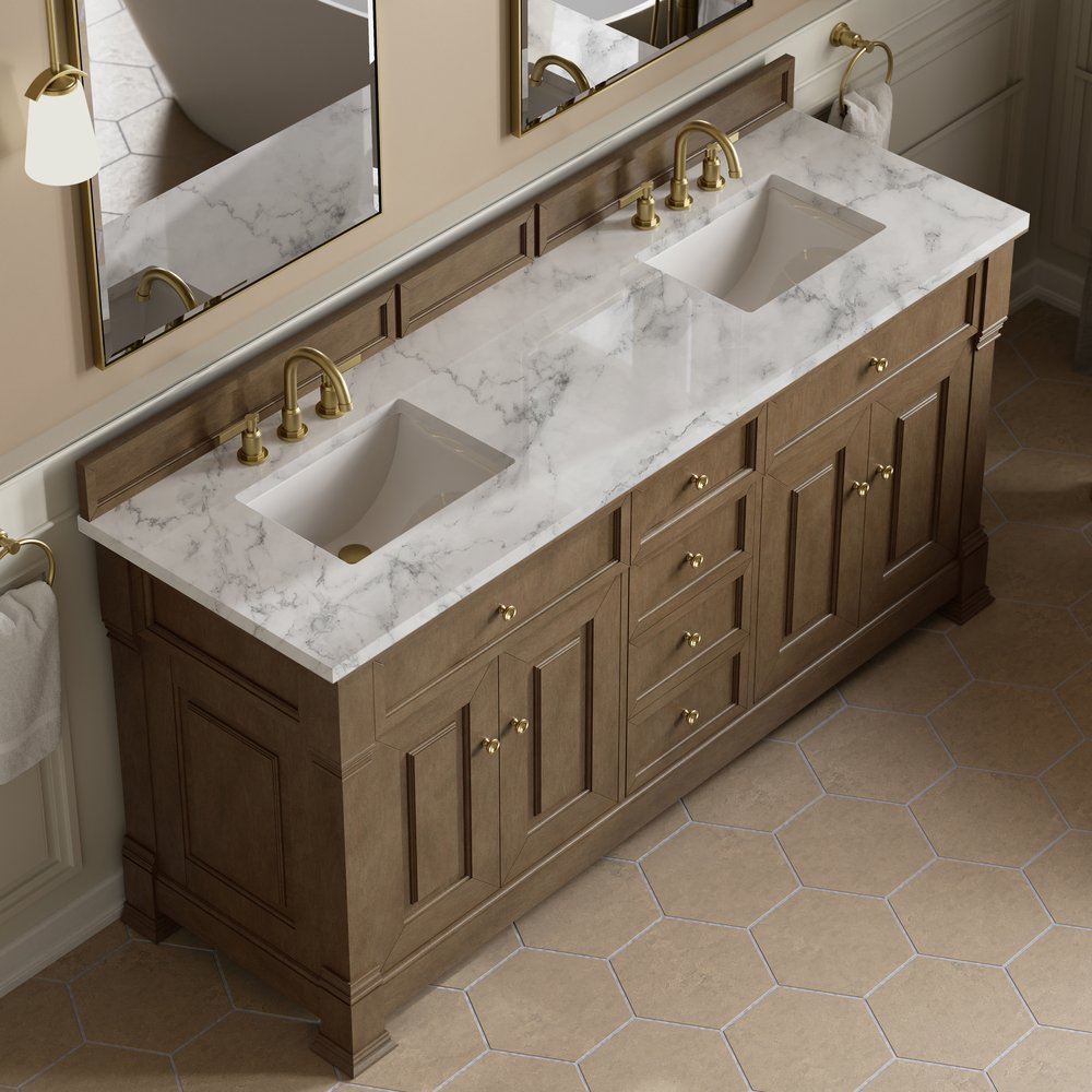 James Martin - Brookfield 72" Double Vanity, Pecan w/ 3 CM Carrara White Marble Top - 547-V72-PCN-3CAR view 7