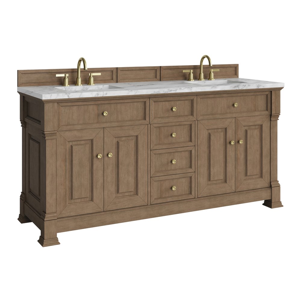 James Martin - Brookfield 72" Double Vanity, Pecan w/ 3 CM Carrara White Marble Top - 547-V72-PCN-3CAR view 10