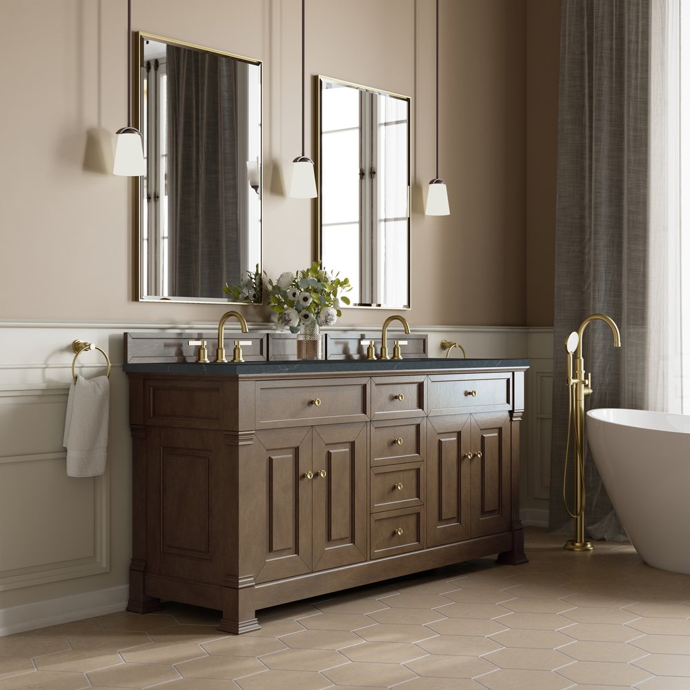 James Martin - Brookfield 72" Double Vanity, Pecan, w/ 3 CM Charcoal Soapstone Silestone Top - 547-V72-PCN-3CSP view 4