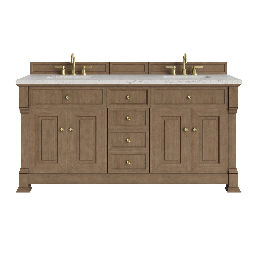 James Martin - Brookfield 72" Double Vanity, Pecan w/ 3 CM Eternal Jasmine Pearl Silestone Top - 547-V72-PCN-3EJP view 1