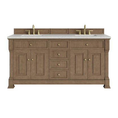 James Martin - Brookfield 72" Double Vanity, Pecan w/ 3 CM Eternal Jasmine Pearl Silestone Top - 547-V72-PCN-3EJP view 1
