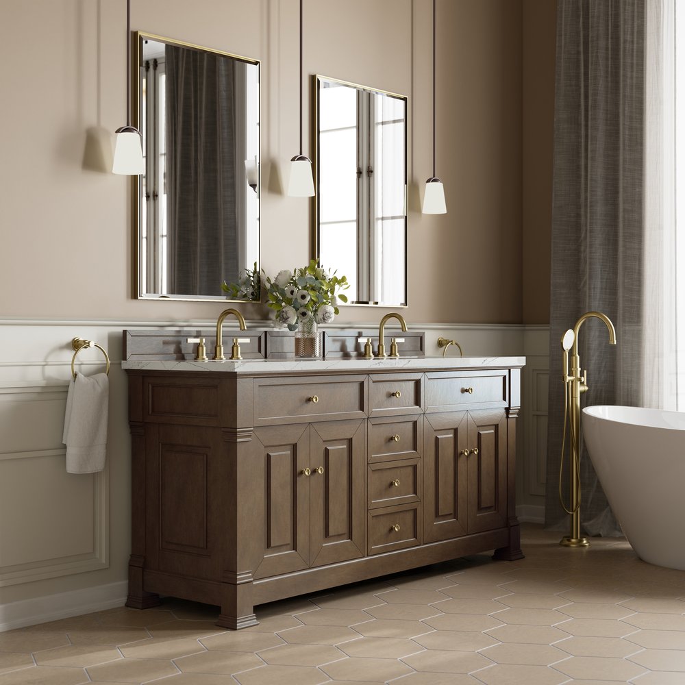 James Martin - Brookfield 72" Double Vanity, Pecan w/ 3 CM Ethereal Noctis Silestone Top - 547-V72-PCN-3ENC view 4