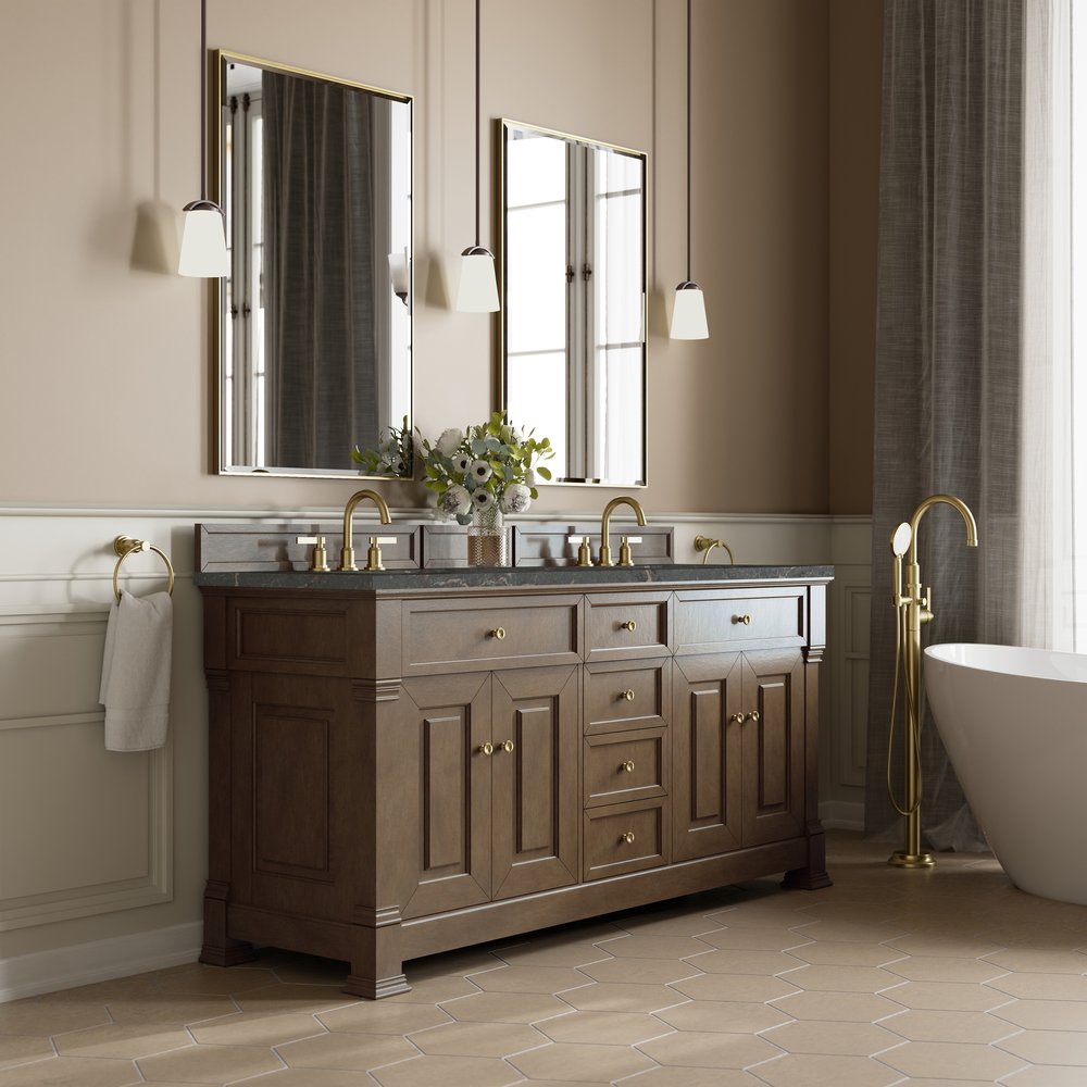 James Martin - Brookfield 72" Double Vanity, Pecan w/ 3 CM Parisien Bleu Silestone Top - 547-V72-PCN-3PBL view 4