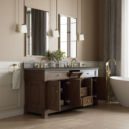 James Martin - Brookfield 72" Double Vanity, Pecan w/ 3 CM Parisien Bleu Silestone Top - 547-V72-PCN-3PBL view 5