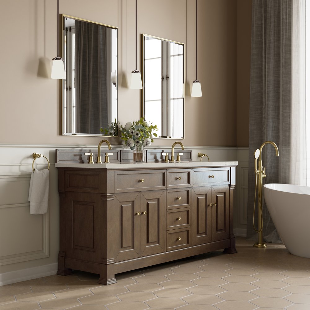 James Martin - Brookfield 72" Double Vanity, Pecan, w/ 3 CM Siberian Silestone Top - 547-V72-PCN-3SFR view 4