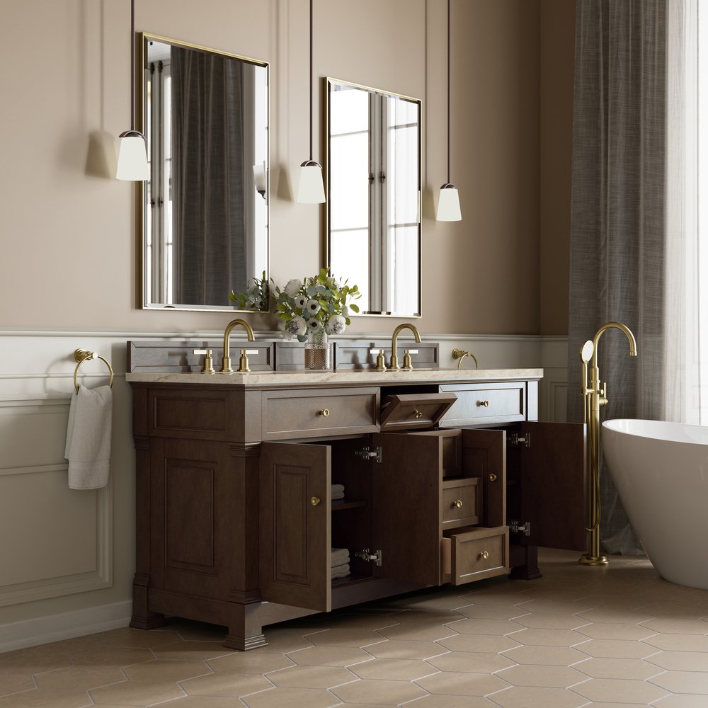 James Martin - Brookfield 72" Double Vanity, Pecan, w/ 3 CM Tajnar Eclos Top - 547-V72-PCN-3TJR view 5