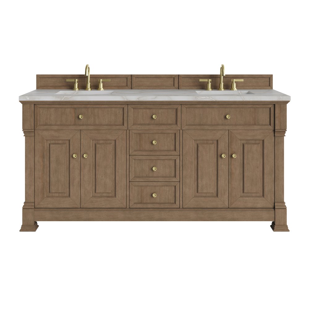 James Martin - Brookfield 72" Double Vanity, Pecan w/ 3 CM Victorian Silver  Silestone Top - 547-V72-PCN-3VSL view 1