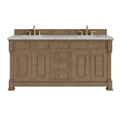 James Martin - Brookfield 72" Double Vanity, Pecan w/ 3 CM Victorian Silver  Silestone Top w/ FreePower Wireless Charger - 547-V72-PCN-FVSL view 1