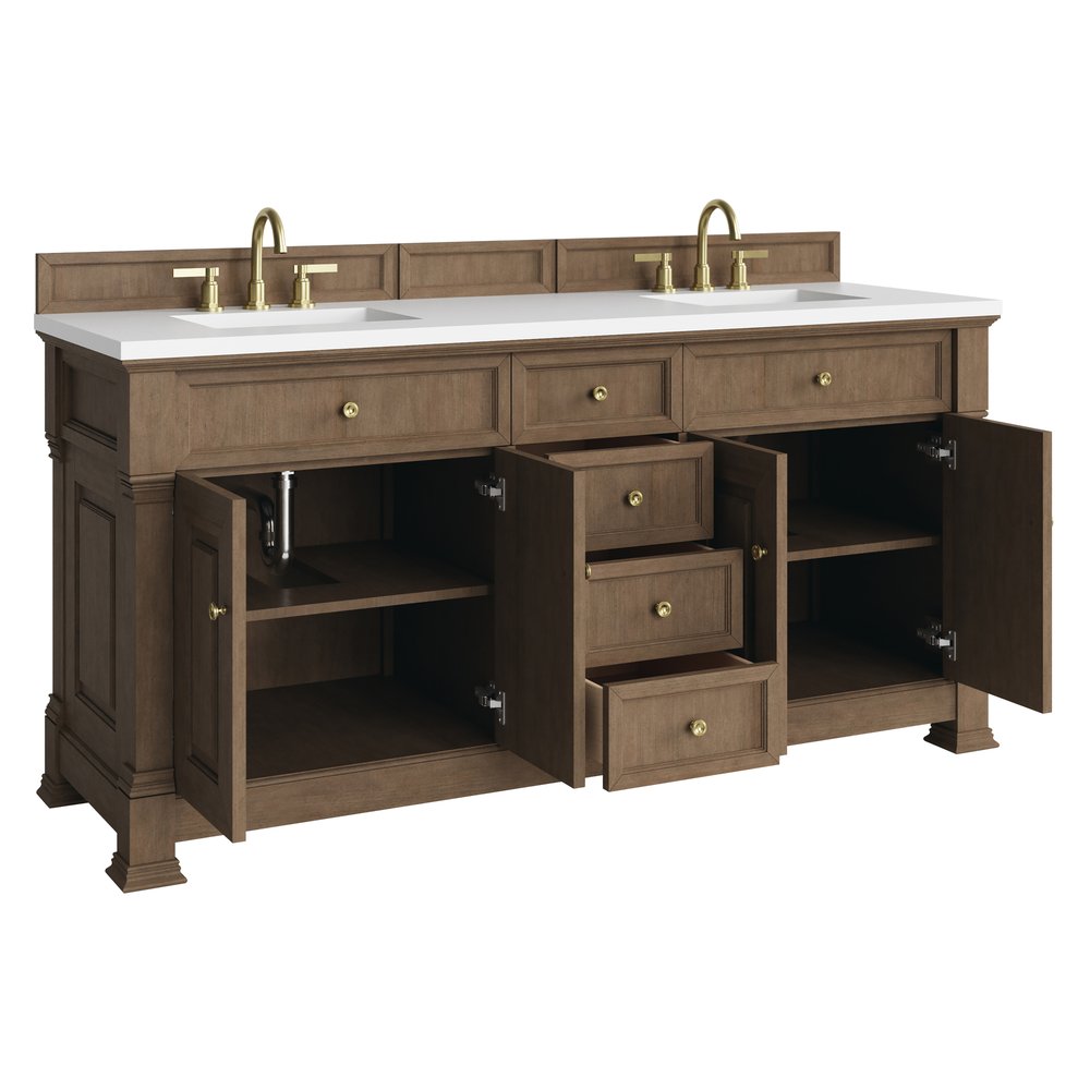 James Martin - Brookfield 72" Double Vanity, Pecan w/ 3 CM White Zeus Silestone Top - 547-V72-PCN-3WZ view 8