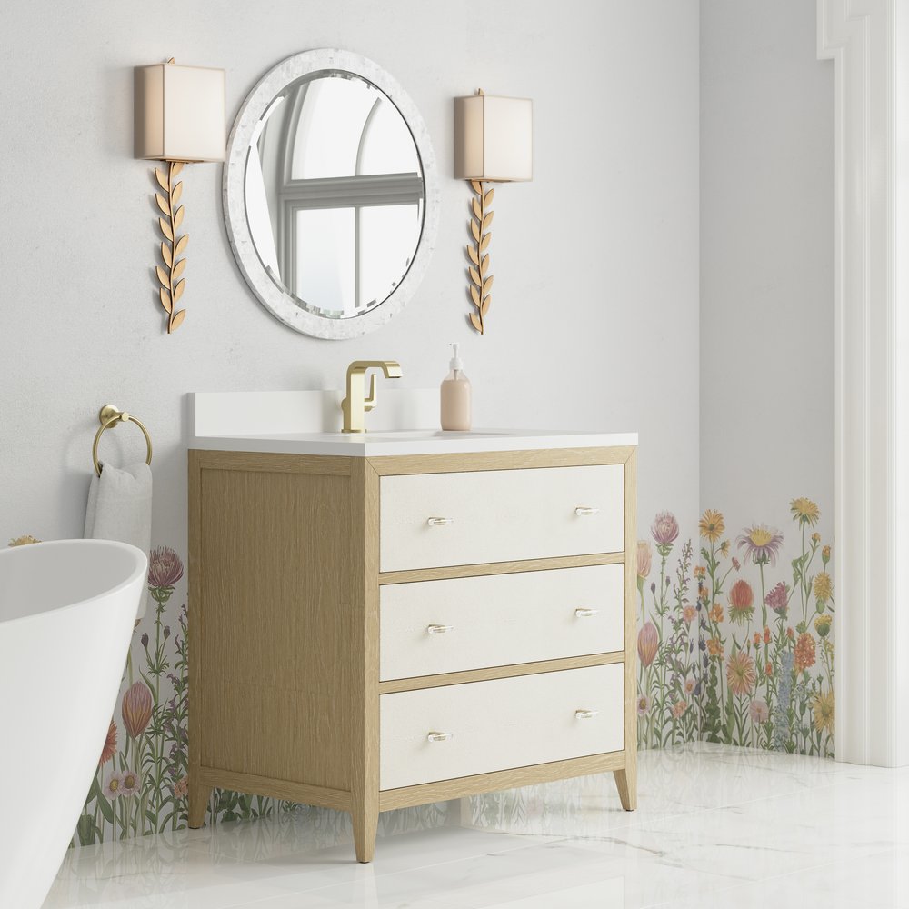 James Martin - Celeste 36" Single Vanity, Sunwashed Oak with Embossed Shagreen w/ Single Hole 3 CM White Zeus Silestone Top & Backsplash - D604-V36-SHG-1WZ view 4