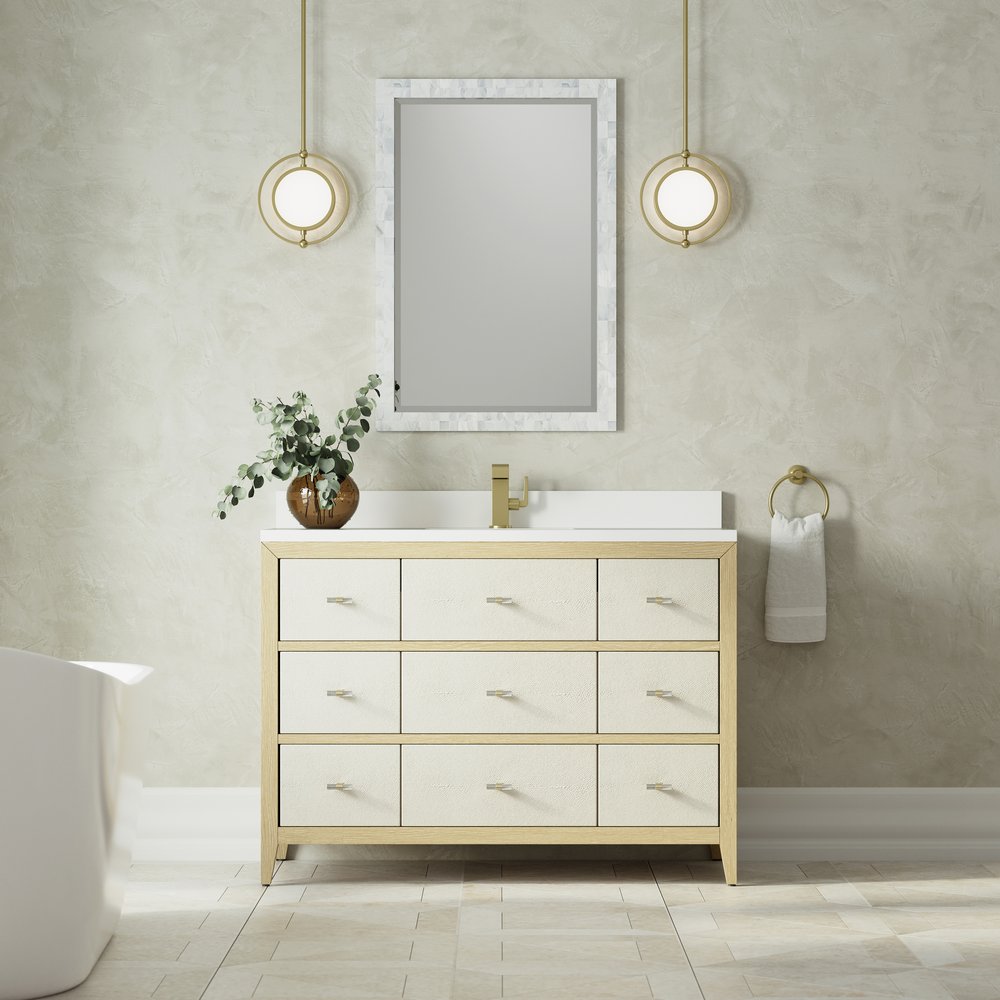 James Martin - Celeste 48" Single Vanity, Sunwashed Oak with Embossed Shagreen w/ Single Hole 3 CM White Zeus Silestone Top & Backsplash - D604-V48-SHG-1WZ view 3