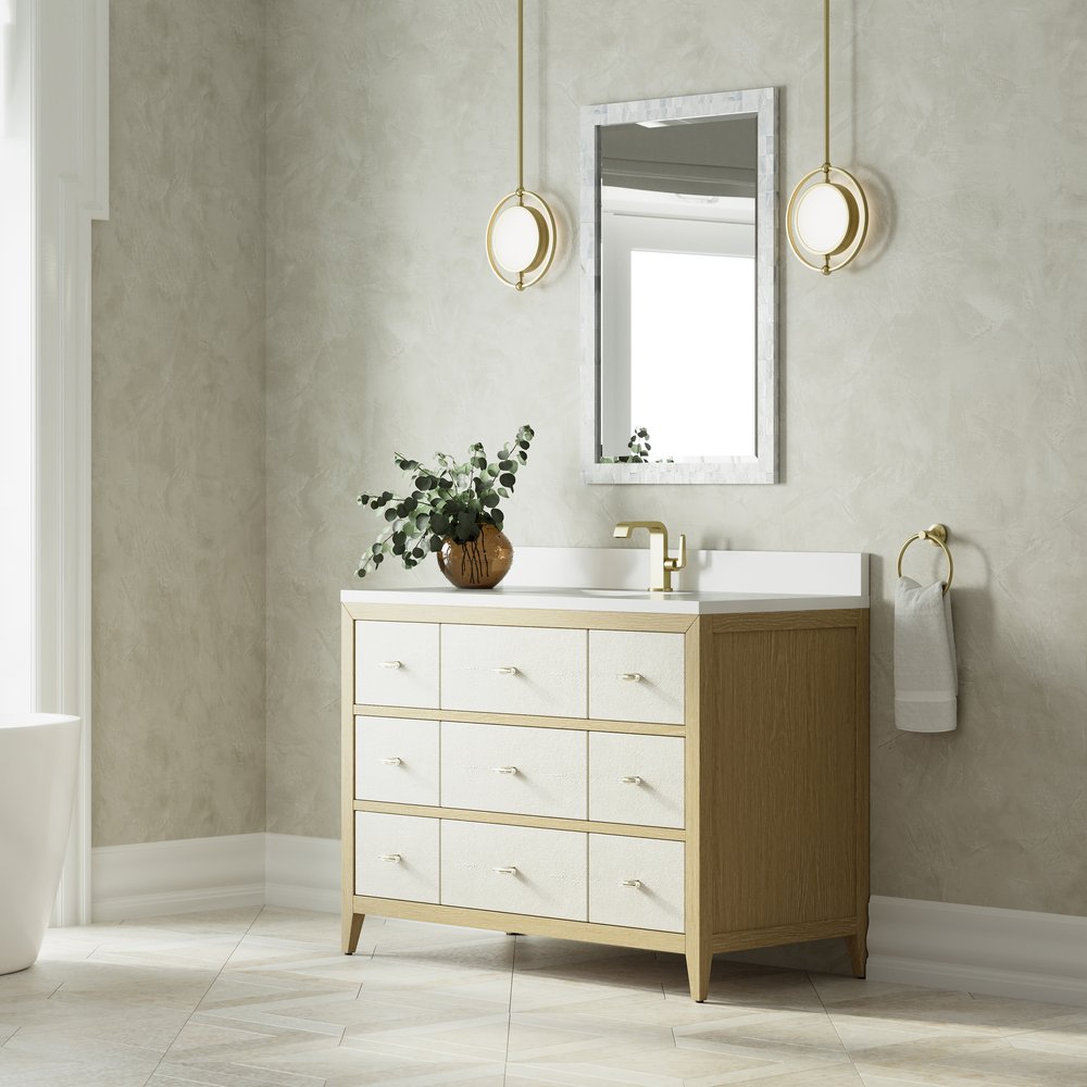 James Martin - Celeste 48" Single Vanity, Sunwashed Oak with Embossed Shagreen w/ Single Hole 3 CM White Zeus Silestone Top & Backsplash - D604-V48-SHG-1WZ view 4