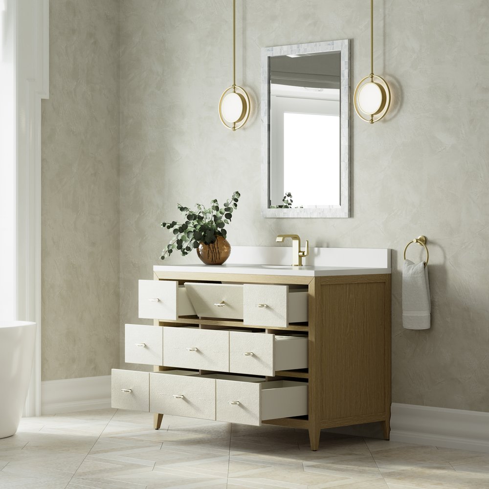 James Martin - Celeste 48" Single Vanity, Sunwashed Oak with Embossed Shagreen w/ Single Hole 3 CM White Zeus Silestone Top & Backsplash - D604-V48-SHG-1WZ view 5