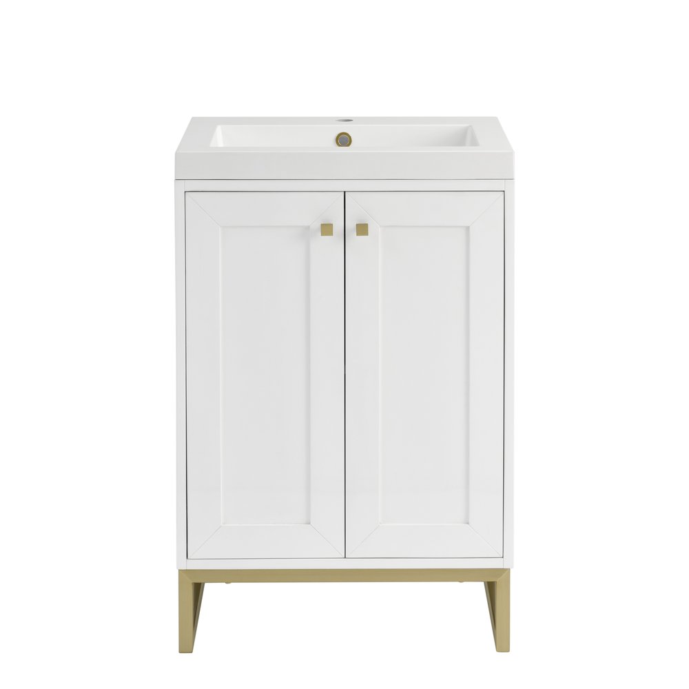 James Martin - Chianti 24" Single Vanity, Glossy White, Champagne Brass, w/ White Glossy Composite Stone Top - 533V24GWCBWG view 1
