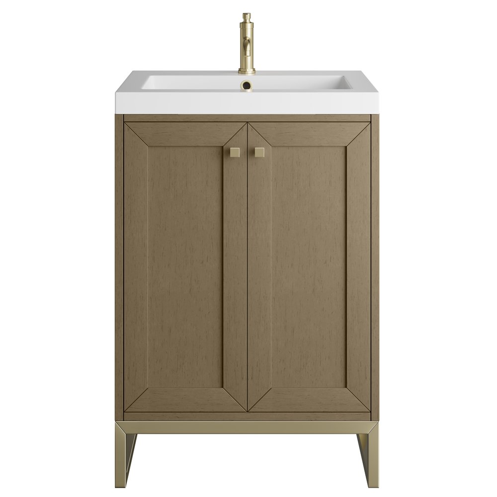 James Martin - Chianti 24" Single Vanity, Walnut Whisper, Champagne Brass, w/ White Glossy Composite Stone Top - 533V24WLWCBWG view 1