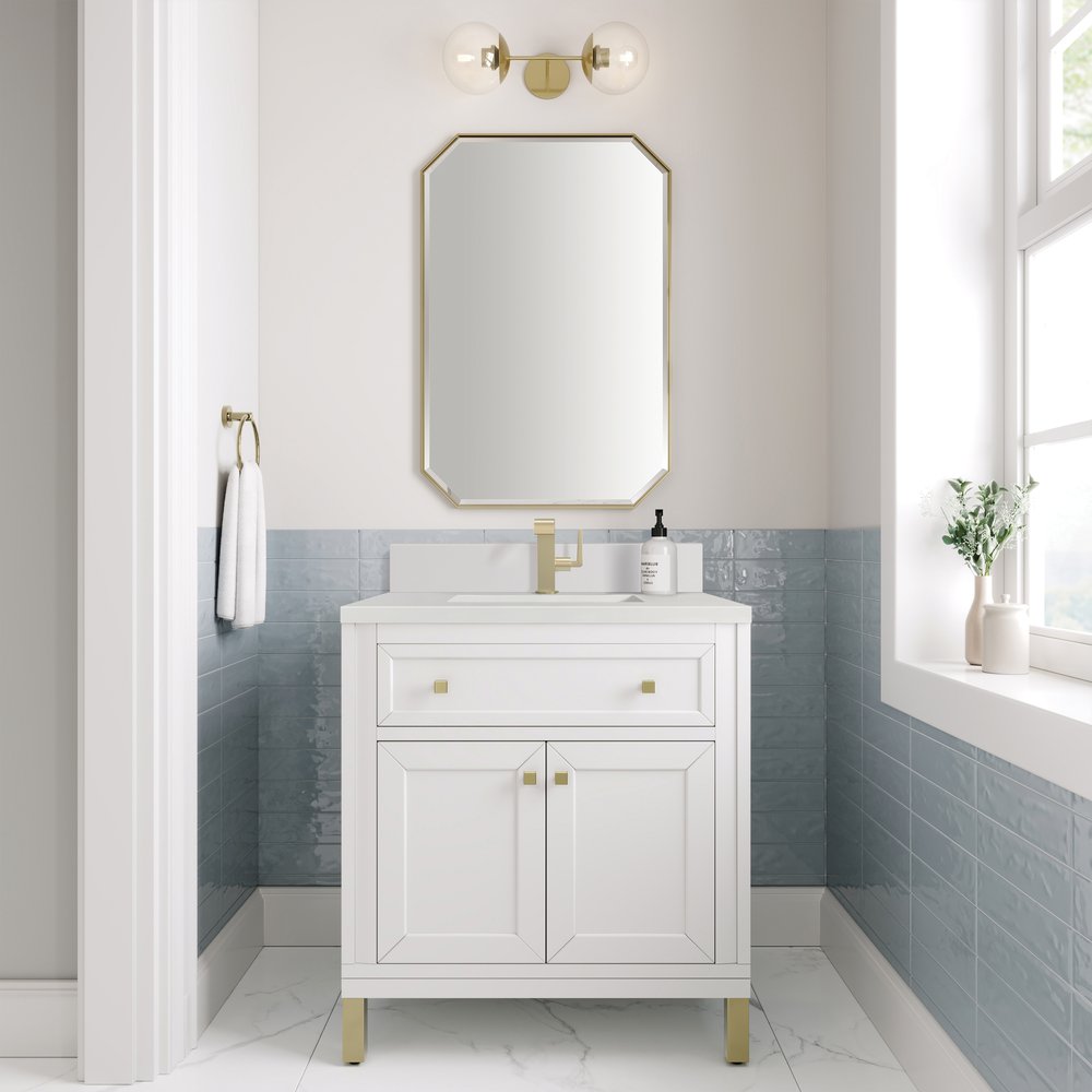 James Martin - Chicago 30" Single Vanity, Glossy White, w/ Single Hole 3CM White Zeus Silestone® Top & Backsplash - 503-V30-GW-1WZ view 4
