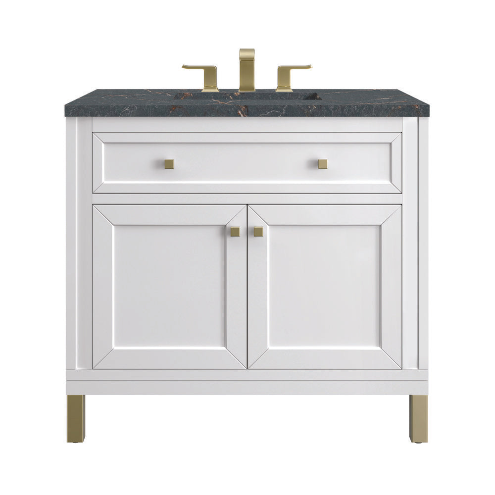 James Martin - Chicago 36" Single Vanity, Glossy White, w/ 3 CM Parisien Bleu Silestone® Top - 503-V36-GW-3PBL view 1