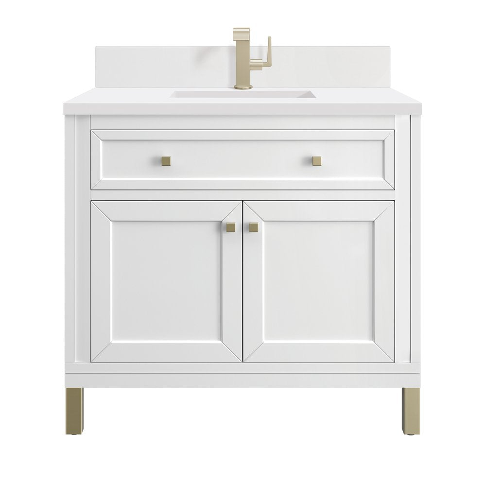 James Martin - Chicago 36" Single Vanity, Glossy White, w/ Single Hole 3CM White Zeus Silestone® Top & Backsplash - 503-V36-GW-1WZ view 1