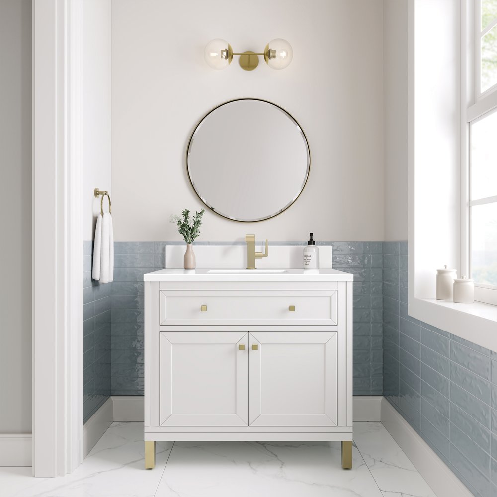 James Martin - Chicago 36" Single Vanity, Glossy White, w/ Single Hole 3CM White Zeus Silestone® Top & Backsplash - 503-V36-GW-1WZ view 4