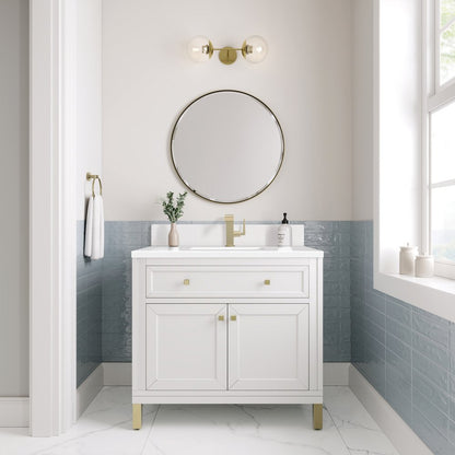 James Martin - Chicago 36" Single Vanity, Glossy White, w/ Single Hole 3CM White Zeus Silestone® Top & Backsplash - 503-V36-GW-1WZ view 4