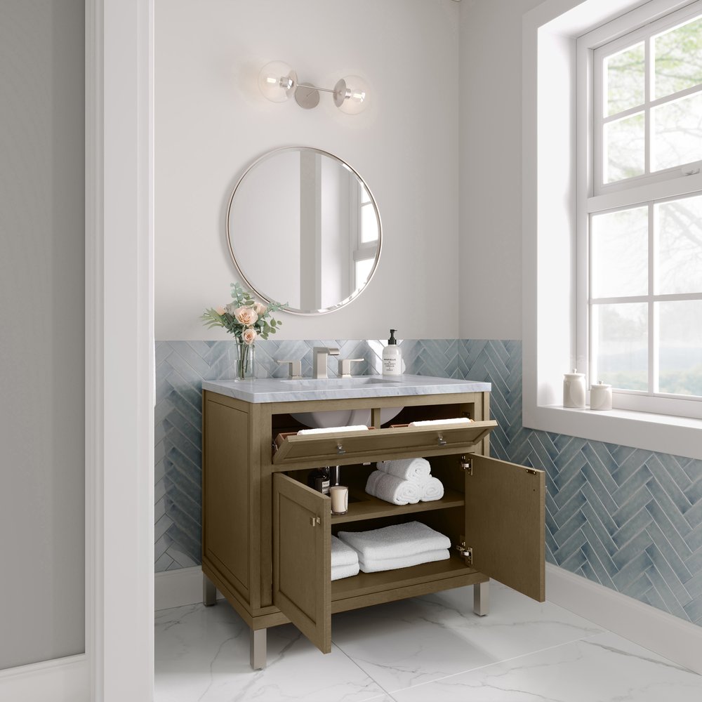 James Martin - Chicago 36" Single Vanity, Walnut Whisper, w/ 3 CM Carrara Marble Top - 503-V36-WLW-3CAR view 9