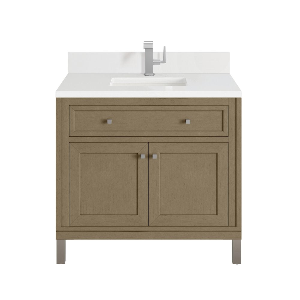 James Martin - Chicago 36" Single Vanity, Walnut Whisper, w/ Single Hole 3CM White Zeus Silestone® Top & Backsplash - 503-V36-WLW-1WZ view 1