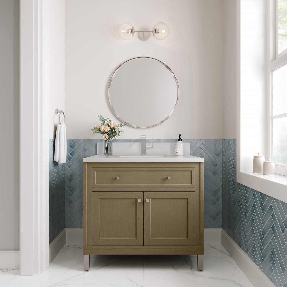 James Martin - Chicago 36" Single Vanity, Walnut Whisper, w/ Single Hole 3CM White Zeus Silestone® Top & Backsplash - 503-V36-WLW-1WZ view 2