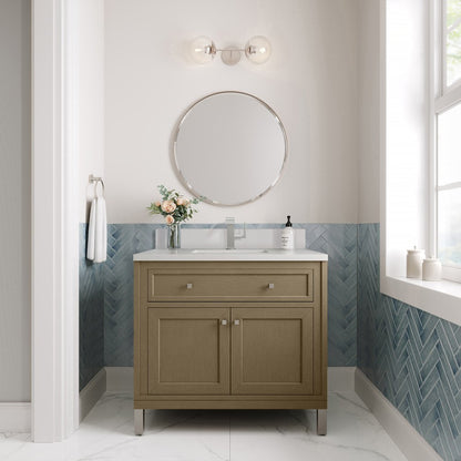 James Martin - Chicago 36" Single Vanity, Walnut Whisper, w/ Single Hole 3CM White Zeus Silestone® Top & Backsplash - 503-V36-WLW-1WZ view 2