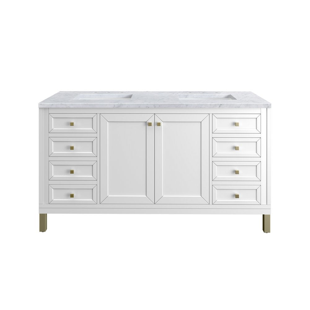 James Martin - Chicago 60" Double Vanity, Glossy White, w/ 3 CM Carrara Marble Top - 503-V60D-GW-3CAR view 1
