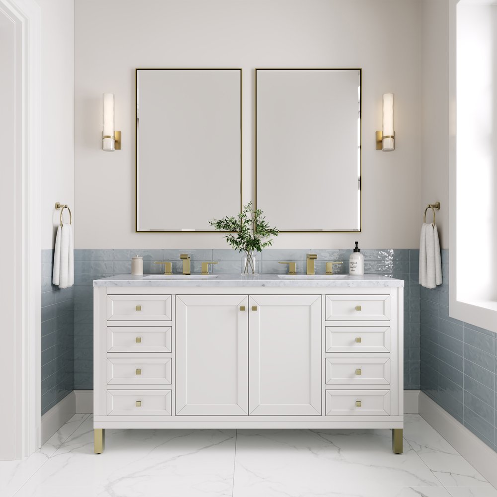 James Martin - Chicago 60" Double Vanity, Glossy White, w/ 3 CM Carrara Marble Top - 503-V60D-GW-3CAR view 4
