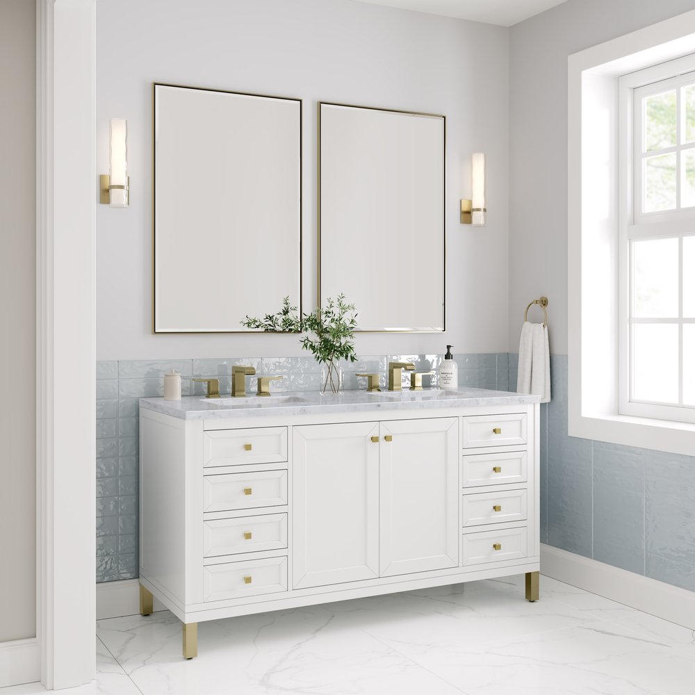 James Martin - Chicago 60" Double Vanity, Glossy White, w/ 3 CM Carrara Marble Top - 503-V60D-GW-3CAR view 5
