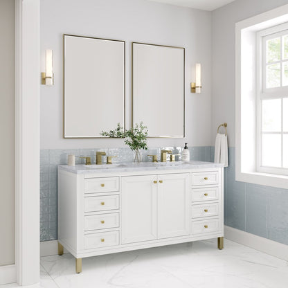 James Martin - Chicago 60" Double Vanity, Glossy White, w/ 3 CM Carrara Marble Top - 503-V60D-GW-3CAR view 5