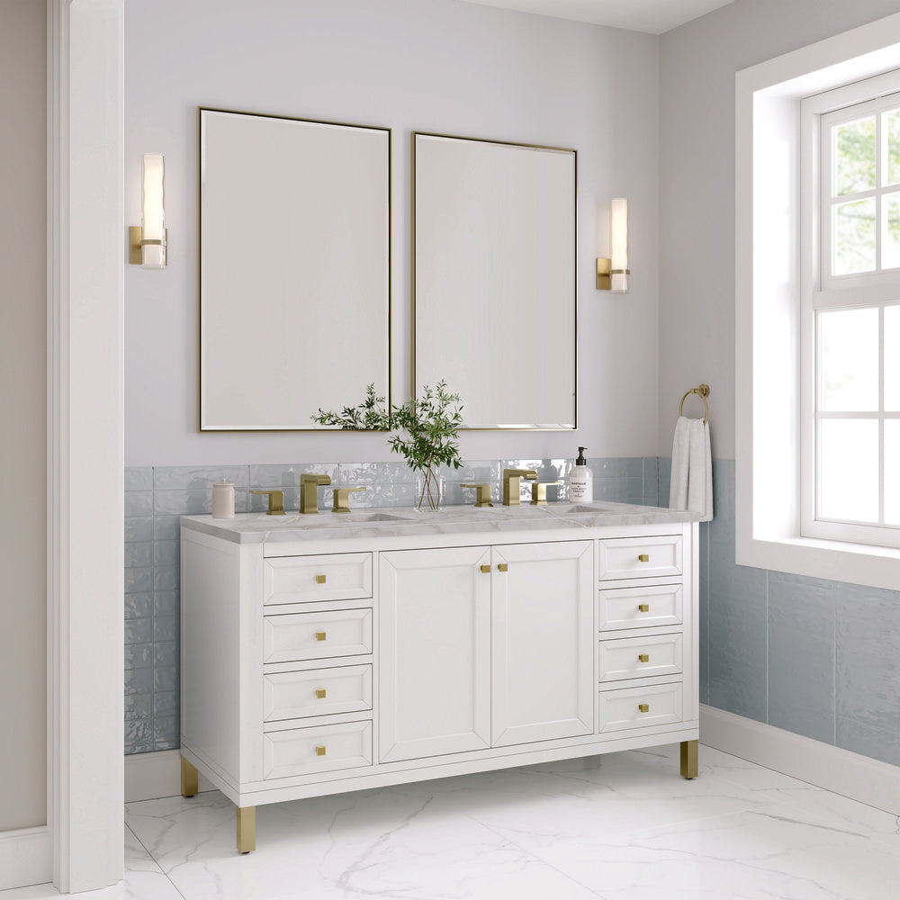 James Martin - Chicago 60" Double Vanity, Glossy White, w/ 3 CM Victorian Silver Silestone® Top w/FreePower Wireless Charger - 503-V60D-GW-FVSL view 6