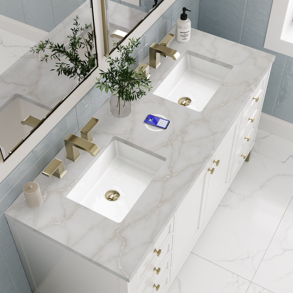 James Martin - Chicago 60" Double Vanity, Glossy White, w/ 3 CM Victorian Silver Silestone® Top w/FreePower Wireless Charger - 503-V60D-GW-FVSL view 9