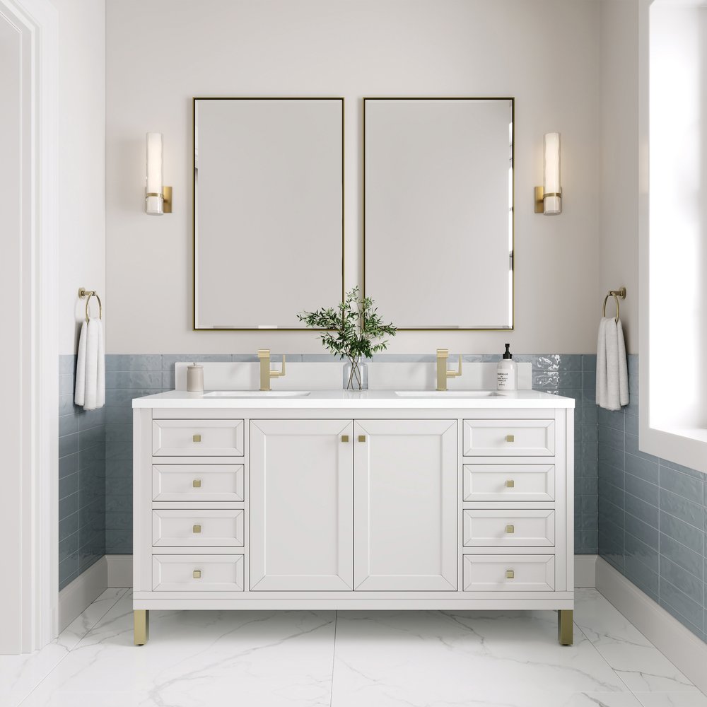 James Martin - Chicago 60" Double Vanity, Glossy White, w/ Single Hole 3CM White Zeus Silestone® Top & Backsplash - 503-V60D-GW-1WZ view 4