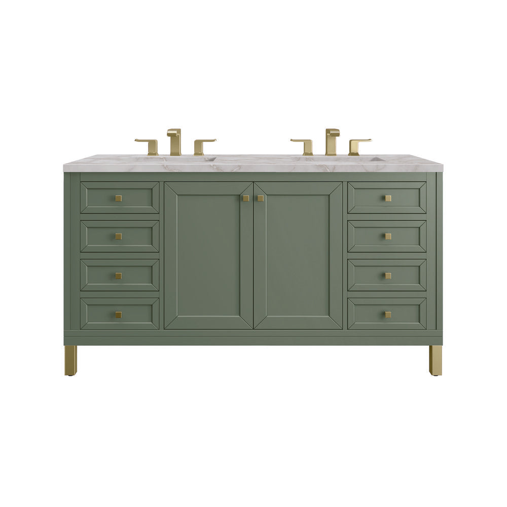 James Martin - Chicago 60" Double Vanity, Smokey Celadon, w/ 3 CM Victorian Silver Silestone® Top w/FreePower Wireless Charger - 503-V60D-SC-FVSL view 1